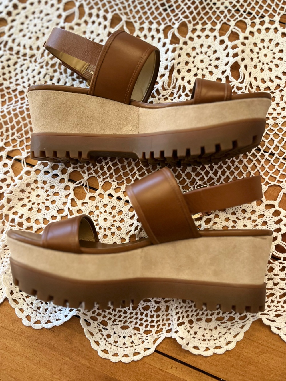 Michael Kors Tan Suede and Brown Leather Lug Platform Sandals with Gold Buckle - Picture 11 of 12